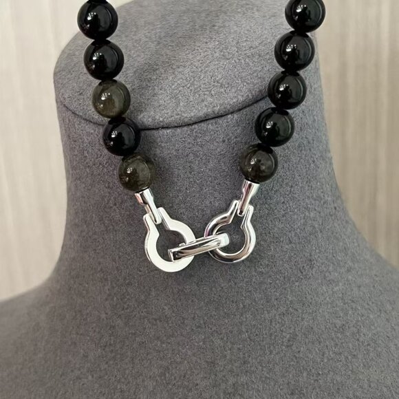 Annika Inez925 sterling silver handmade obsidian crystal beaded lock necklace st - Picture 2 of 5